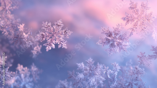 Pink and purple snowflakes with bokeh on dream magical background