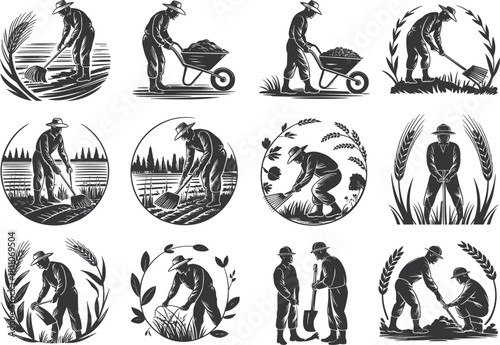 Farmer Working Vector Illustration Set, Agriculture, Farming, Labor, Shovel, Wheelbarrow, Vintage Woodcut Style Silhouette Collection