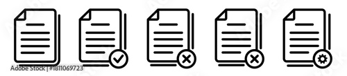 Set of line vector outline icons for layered document status: Blank Files, Verified (Check), Rejected (Cross), and Update/Settings (Gear). Essential graphics for web interface, archive, and content ma
