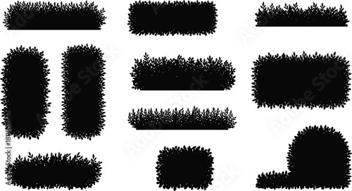 Garden Hedge and Shrub Silhouette Set, Various Shapes, Nature, Landscape, Foliage Border, Black Vector Graphic Illustration
