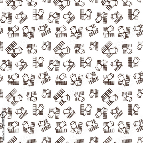 Line Pattern of a cartoon style satellite with a light green cylindrical body and two rectangular solar panels featuring blue cells and dark blue outlines