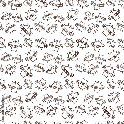 Line Pattern of cartoon style brown flying saucer with a grey rim featuring purple and dark grey circles, and a light blue cat like head visible in its cockpit