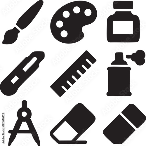 Art and Craft Supplies Icons Set tools drawing