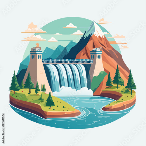 Scenic Illustration of a Hydroelectric Dam in a Mountainous Landscape with Flowing Water and Nature