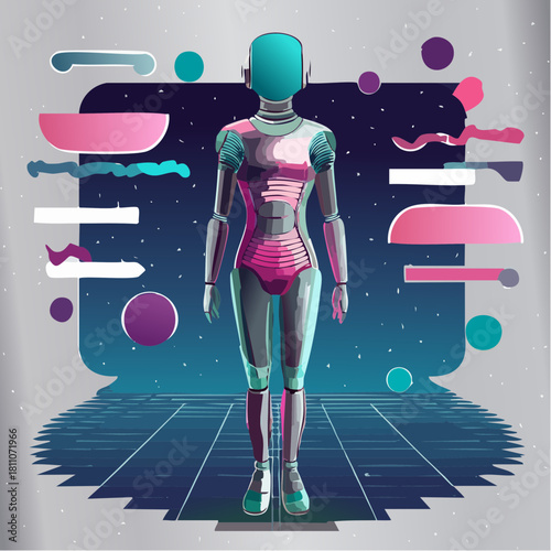 Digital illustration of a humanoid female robot navigating a virtual universe with data panels and a cosmic background