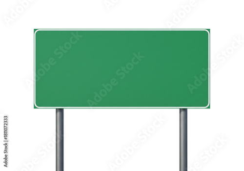 Blank green signage panel, mounted on sturdy poles, ready for custom text or graphics. A minimalist display against a bright white background for essential information