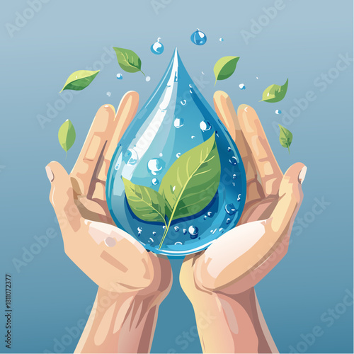 Illustration of human hands gently cradling a large, clear water droplet containing lush green leaves, symbolizing nature conservation and purity