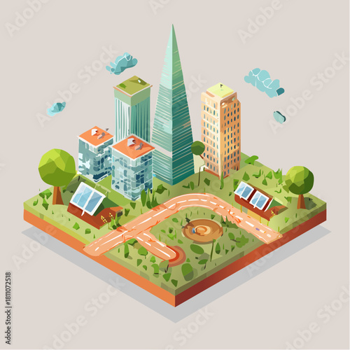 Isometric Eco-Friendly Cityscape with Solar Panels and Green Spaces