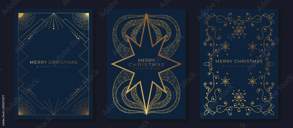Fototapeta premium Christmas ornament vector illustration with dark blue and gold art deco elements — luxury festive design for greeting cards and elegant holiday prints