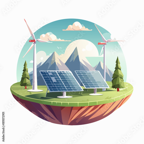 Sustainable energy concept with wind turbines and solar panels on a green island, representing renewable power and environmental conservation