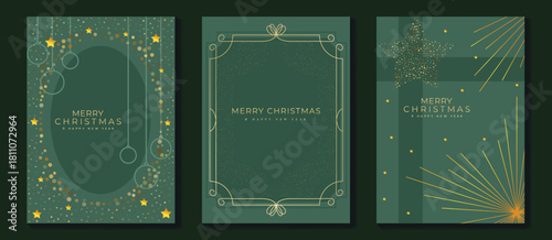 Christmas tree vector card illustration with green tones and golden sparkles — elegant festive design for greeting cards and holiday prints