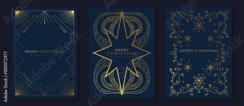 Christmas ornament vector illustration with dark blue and gold art deco elements — luxury festive design for greeting cards and elegant holiday prints