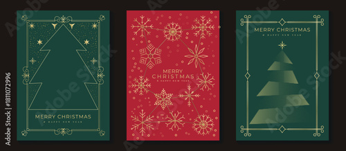 Christmas tree vector illustration with green and red tones and snowflake decorations — warm festive design for greeting cards and seasonal prints