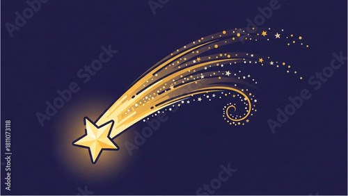 Golden shooting star with a glowing trail across a dark blue background