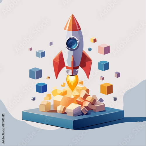 Conceptual 3D illustration of a rocket launching from a platform surrounded by colorful cubes, representing growth and innovation in a digital or abstract space