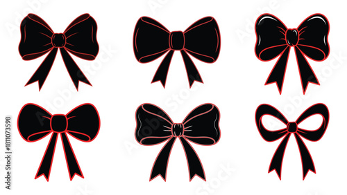 Collection of six elegant black velvet bows with red outlines on a white background