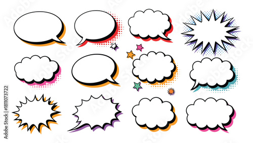 Collection of hand drawn comic book speech bubbles and thought clouds with colorful background accents