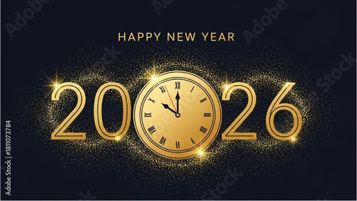 Happy New Year 2026 Golden Clock and Glittering Celebration on Dark Background