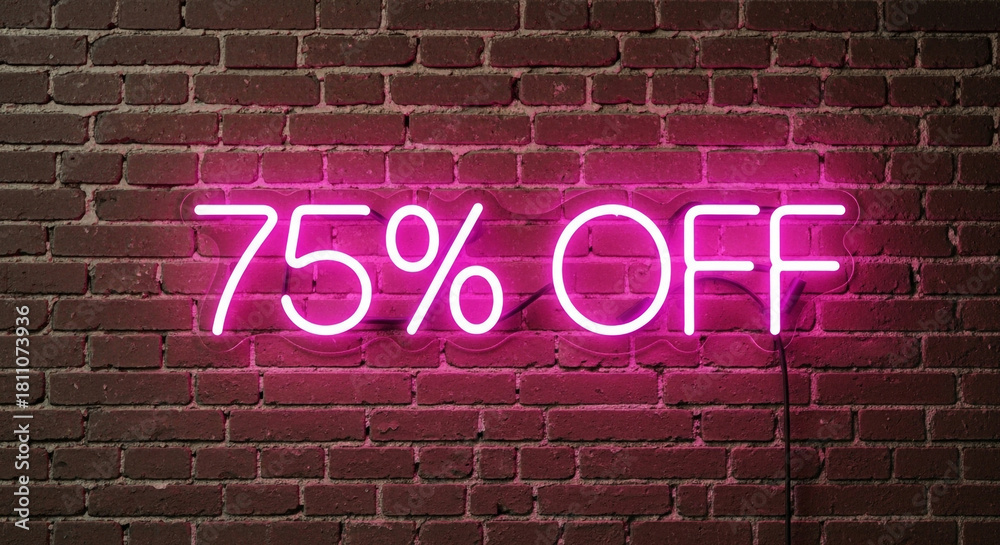 Fototapeta premium Limited time offer with 75% off deal in vibrant neon sign on brick wall, perfect for eye-catching sale promotions and retail advertising campaigns