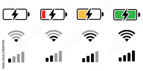 Smartphone status bar battery wifi signal icons vector illustration, Mobile phone 5g network and battery status icons