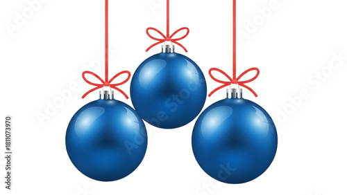 Three blue Christmas baubles with red bows hanging against a white background
