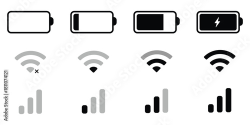 set wifi icon isolated on white background for phone. Phone bar status Icons, battery Icon, wifi signal strength