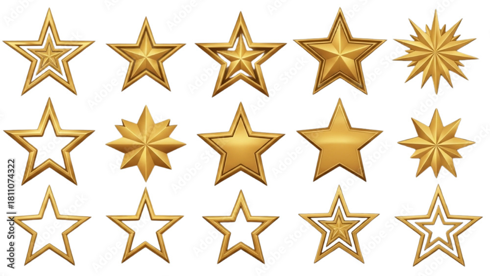 Obraz premium Diverse golden star illustrations, a collection symbolizing achievement, excellence, and celebration in graphic design