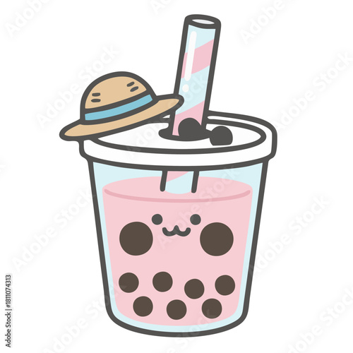 Adorable pink boba tea with a cute face and tiny hat, a whimsical treat that brings a smile, perfect for summer vibes and playful designs