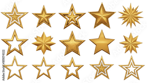 Diverse golden star illustrations, a collection symbolizing achievement, excellence, and celebration in graphic design