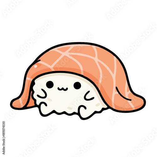 Adorable salmon sushi with a cute, kawaii face brings smiles and adds fun to menus, stickers, and social media posts for food lovers everywhere