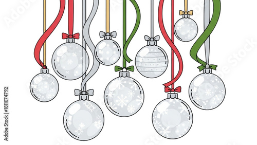 Elegant Silver Christmas Ornaments Hanging from Ribbons