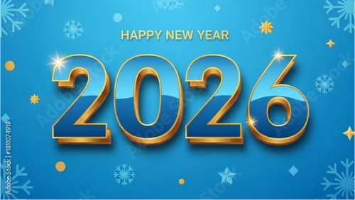 Happy New Year 2026 celebration with shiny blue numbers and snowflakes on a bright background