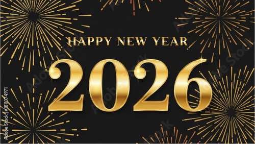 Golden fireworks illuminate a festive black backdrop, heralding the arrival of 2026 with sparkling celebration