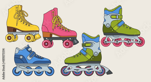Flat Vector Colorful Roller Skates and Blades Set - Retro Sports Icons