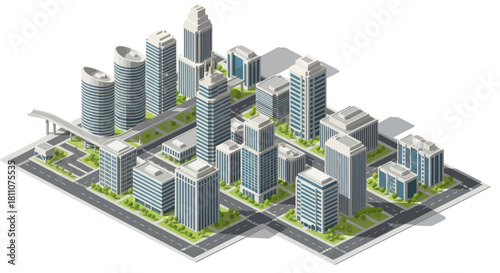 Isometric View of a Modern Cityscape with Skyscrapers and Urban Infrastructure.