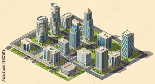 Isometric Cityscape with Modern Skyscrapers and Green Spaces.