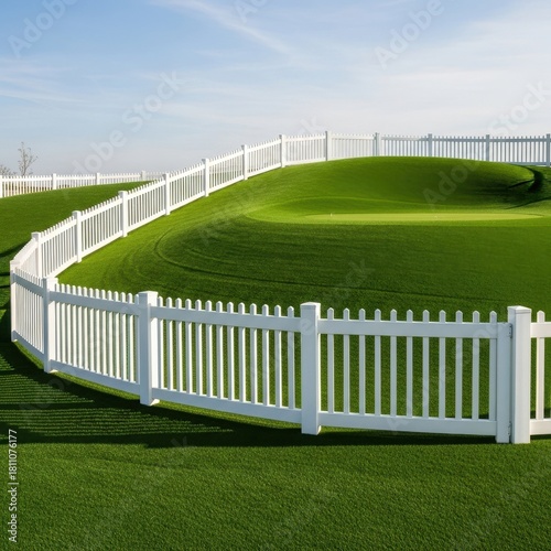Rolling green landscape with winding white fence showcasing suburban tranquility and idyllic scenery