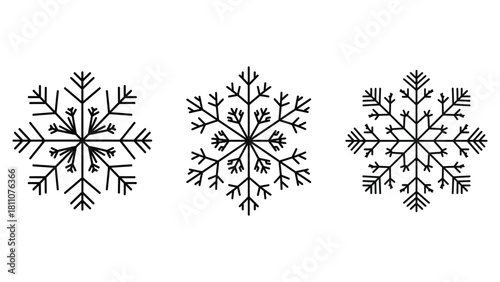 Three intricate black and white snowflake designs arranged in a row on a white background
