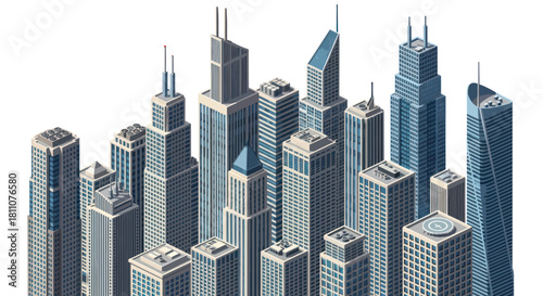 Detailed Isometric View of a Modern City Skyscraper Cluster.
