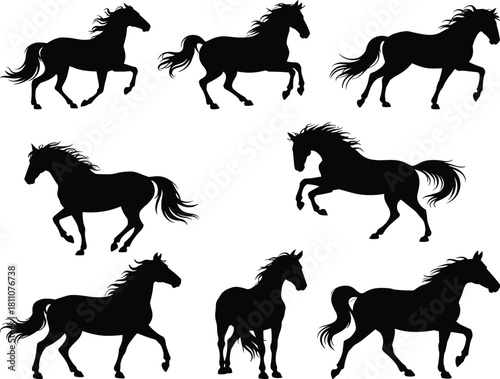 Horse silhouettes, black equine poses, running horse vector, animal motion icons, graceful horse design, trotting illustration set