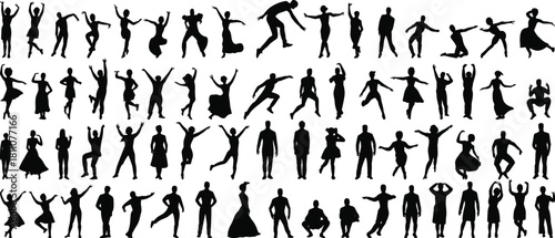 Human silhouette poses, expressive body language, black vector people, gesture illustration set, dynamic stance grid, posture design collection