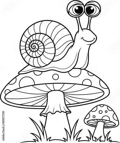Happy cartoon snail sitting on toadstool mushroom, nature, garden, coloring book page, isolated black and white vector outline