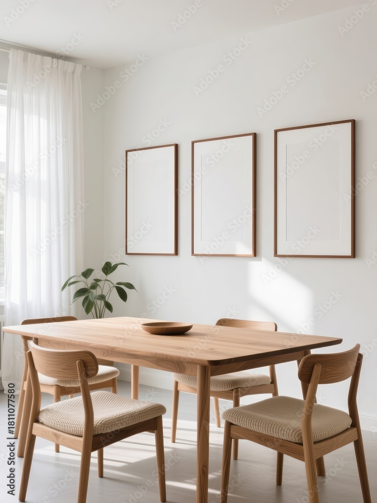 Fototapeta premium Frame mockup in minimalist dining room with wooden table and natural light