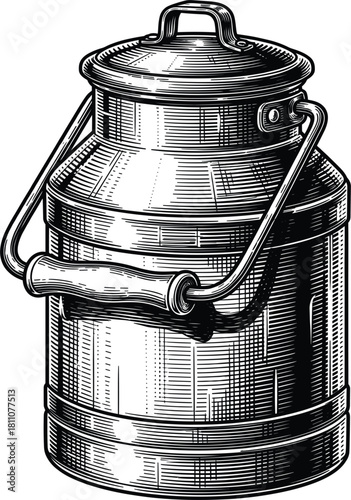Vintage metal milk can container, dairy farm fresh milk production, retro food engraving, isolated black and white vector illustration