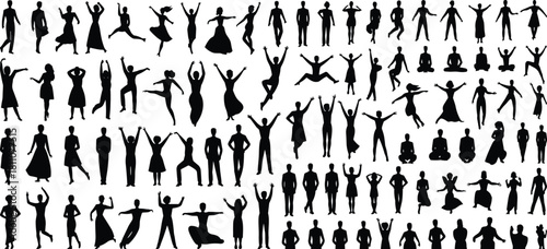 Human silhouette poses, gesture vector grid, black people icons, expressive body movement, posture illustration set, dynamic stance design