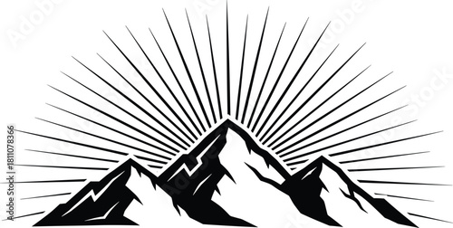 Mountain peaks silhouette with radiating sunburst lines, adventure emblem, outdoor exploration, isolated black and white vector design