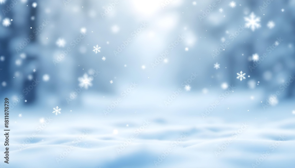 Fototapeta premium A dreamy winter landscape where gentle snowfall and floating snowflakes shape a serene nature filled with tranquil snow ethereal beauty