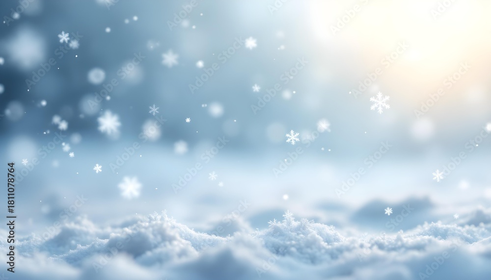 Fototapeta premium A bright winter landscape with gentle snowfall and floating snowflakes creating an ethereal serene nature moment filled with tranquil snow