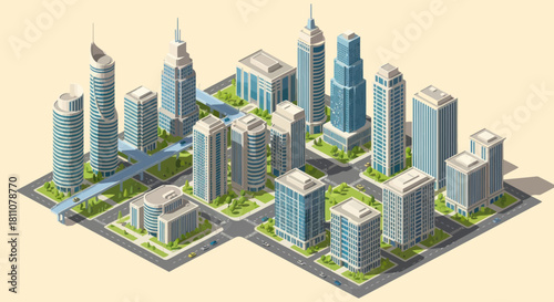 Isometric Cityscape with Modern Skyscrapers and Urban Infrastructure.
