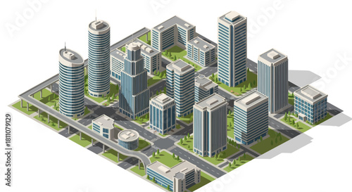 Modern Cityscape with Tall Buildings and Green Spaces.